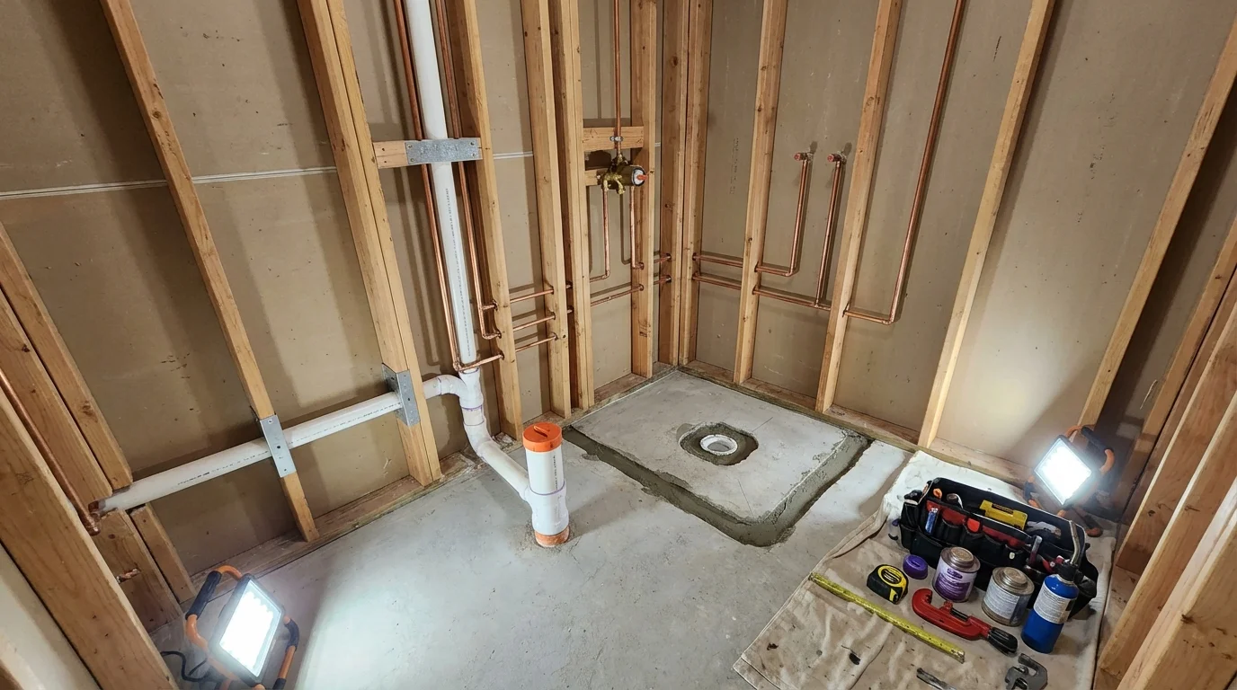 Bathroom rough-in plumbing during remodel by Johns Plumbing LLC in Amboy