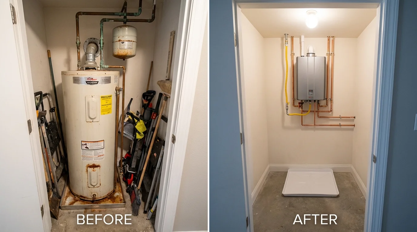 Tank water heater versus wall-mounted tankless unit comparison for Amboy, IL homeowners