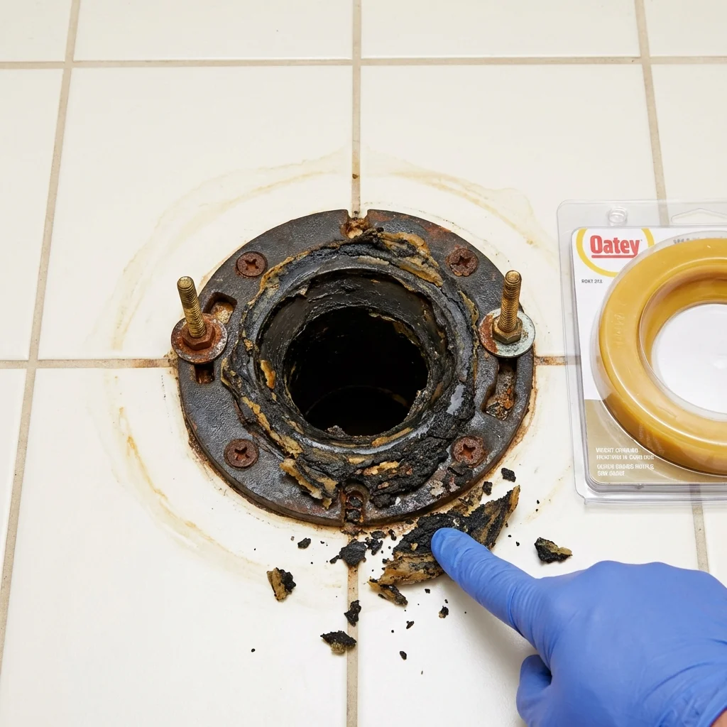 Failed wax ring showing water seepage at the base of a toilet in a Amboy, IL home