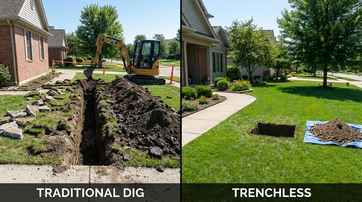 Trenchless sewer repair with minimal yard damage versus traditional excavation in Amboy, IL