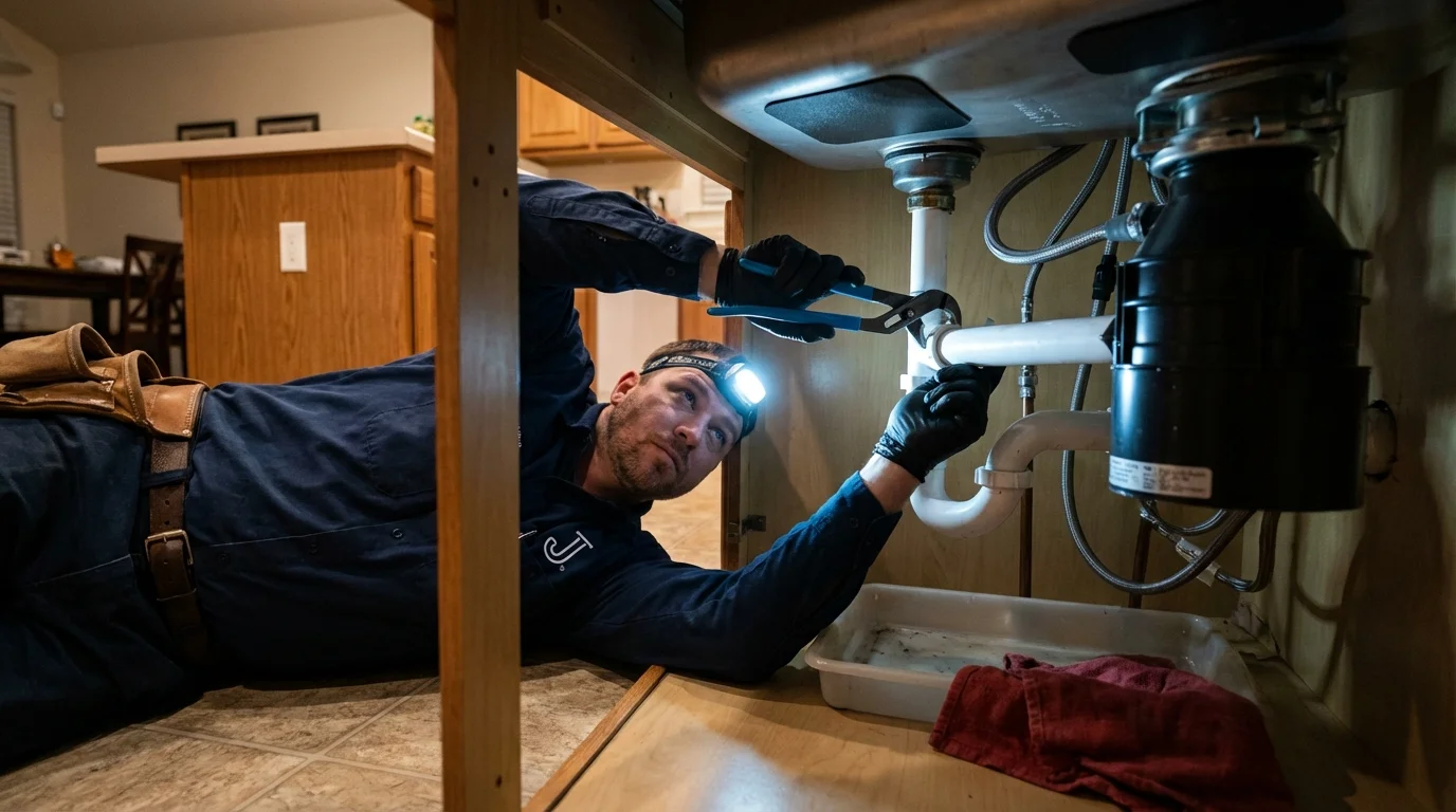 P-trap and supply line connections under a kitchen sink showing a common leak point in Amboy, IL
